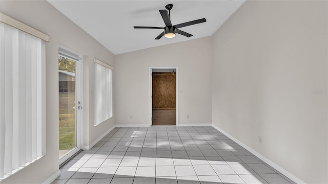 6110 Downing St, Dover, FL 33527 - unfurnished room featuring vaulted ceiling, a ceiling fan, and light tile patterned floors