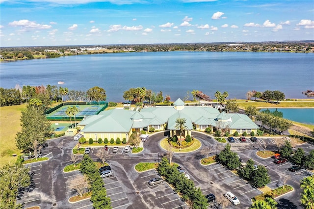 drone / aerial view with a water view