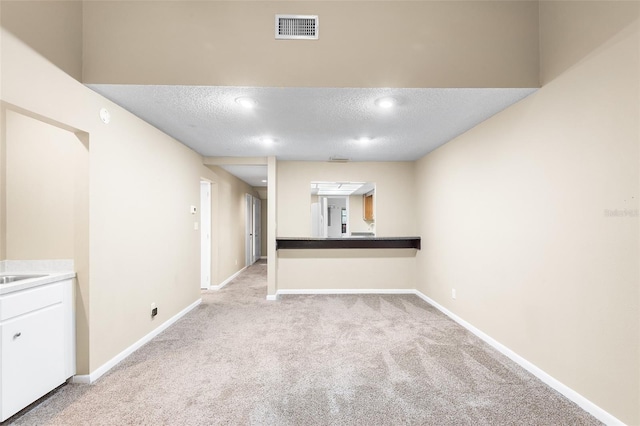 carpeted empty room featuring sink and a textured ceiling