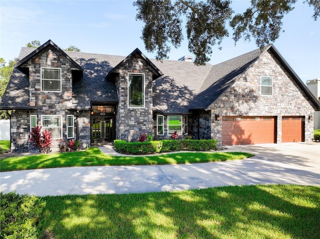 view of front facade with a garage and a front lawn