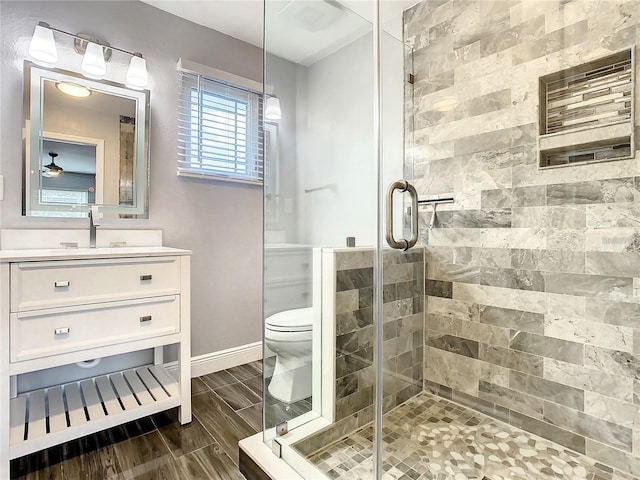 bathroom with vanity, toilet, and a shower with shower door