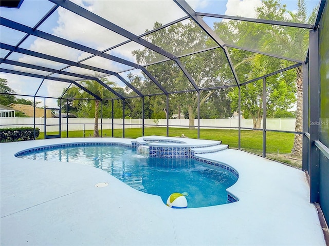 view of pool with an in ground hot tub, pool water feature, a lanai, and a patio area