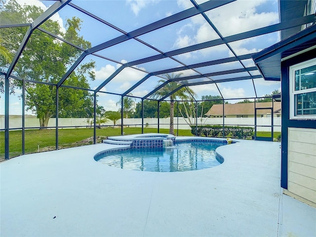 view of swimming pool featuring a lanai, a patio, and an in ground hot tub