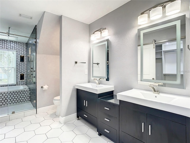 full bathroom with independent shower and bath, vanity, and toilet