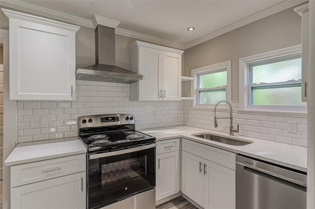 kitchen with white cabinets, wall chimney exhaust hood, sink, and stainless steel appliances