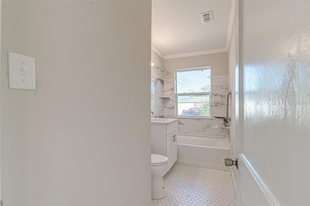 full bathroom with vanity, toilet, shower / bathtub combination, and ornamental molding