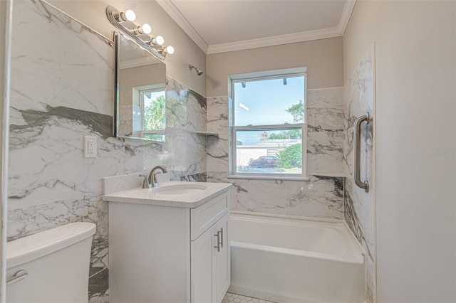 bathroom featuring crown molding, vanity, tile walls, and toilet