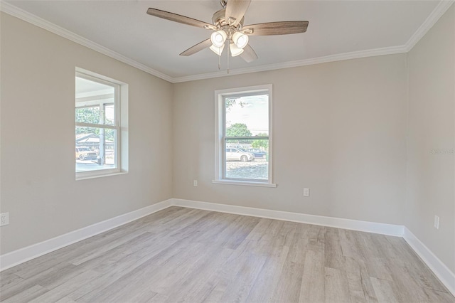 spare room with ceiling fan, light hardwood / wood-style flooring, and ornamental molding