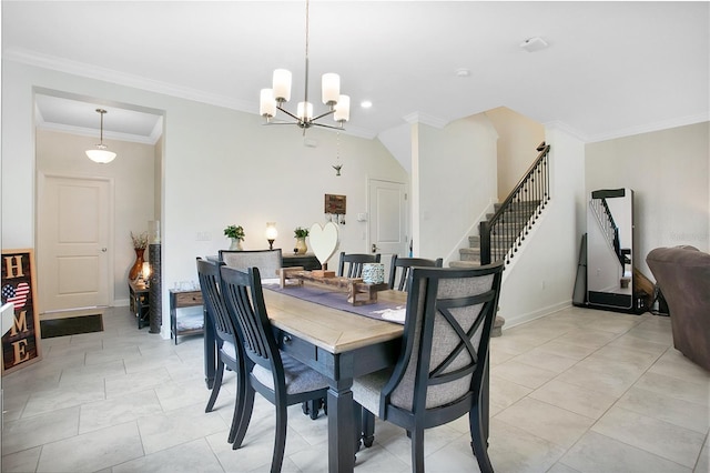 dining area featuring a chandelier, light tile patterned floors, vaulted ceiling, and ornamental molding