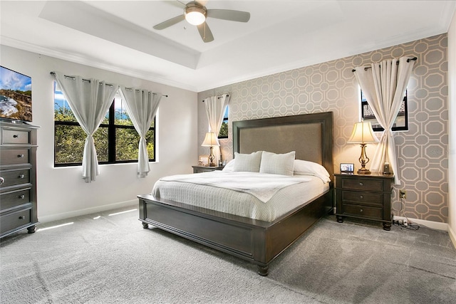 bedroom featuring a raised ceiling, ceiling fan, and carpet floors