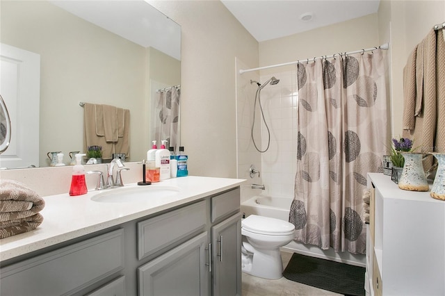 full bathroom with shower / bathtub combination with curtain, vanity, and toilet