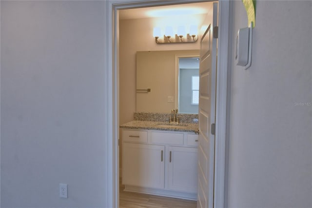 bathroom with wood finished floors and vanity