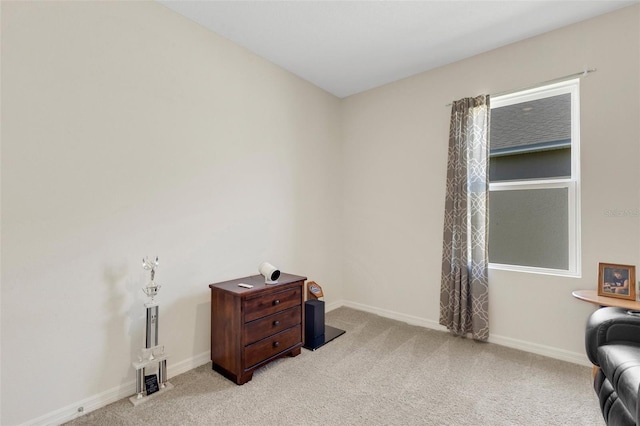 miscellaneous room featuring baseboards and light colored carpet