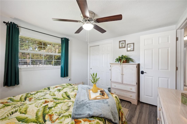 bedroom featuring ceiling fan, dark hardwood / wood-style floors, a textured ceiling, and a closet