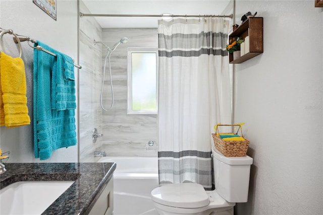 full bathroom featuring shower / bath combination with curtain, vanity, and toilet