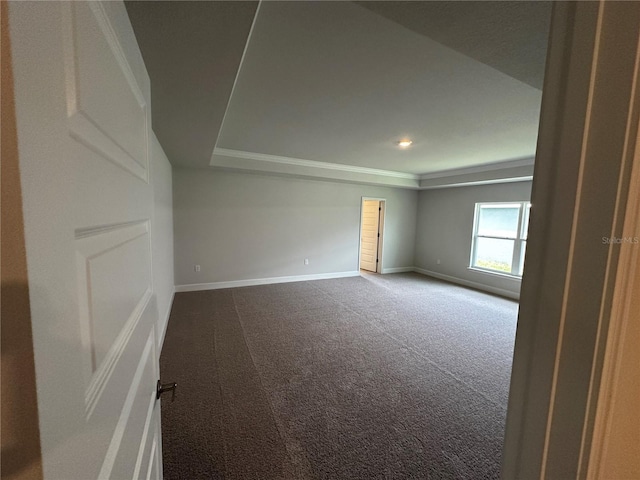 empty room with carpet floors and a tray ceiling