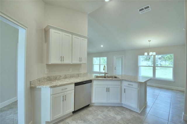 kitchen with white cabinets, dishwasher, kitchen peninsula, and sink