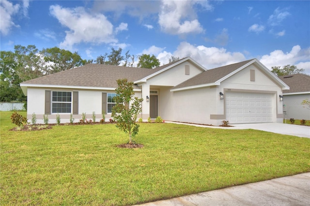 ranch-style house with a garage and a front lawn