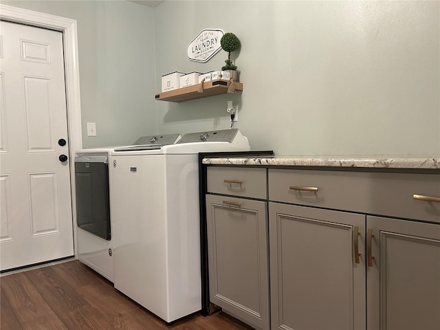 laundry room with cabinets, separate washer and dryer, and dark wood-type flooring