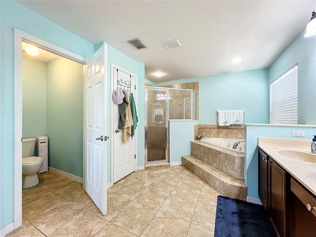 full bathroom with tile patterned floors, a textured ceiling, shower with separate bathtub, and toilet