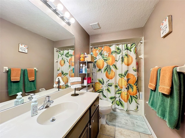 full bathroom featuring tile patterned floors, shower / tub combo, vanity, and a textured ceiling