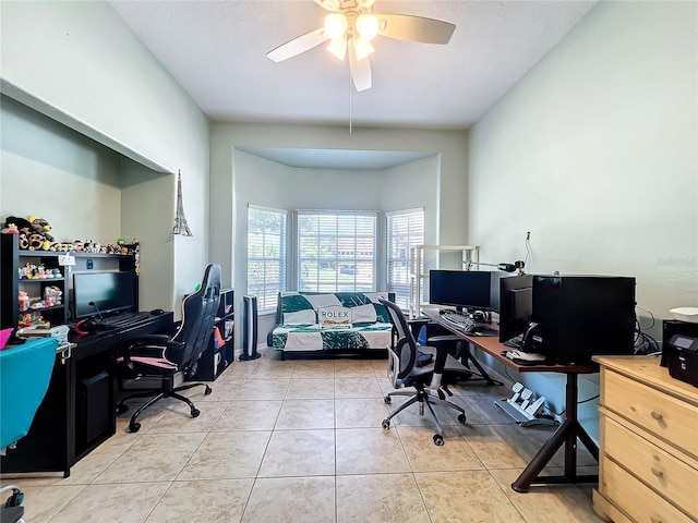 tiled office with ceiling fan