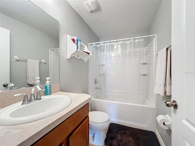 full bathroom featuring a textured ceiling, vanity, shower / tub combo, and toilet