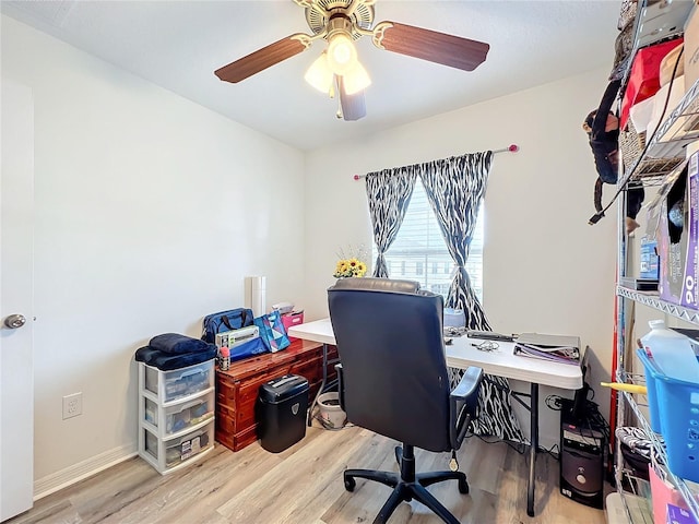 office area with ceiling fan and light hardwood / wood-style flooring