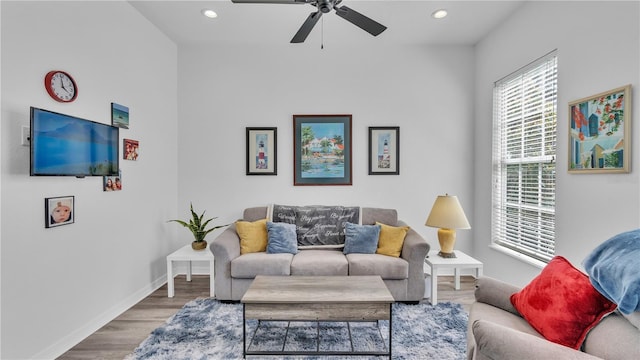 living room with hardwood / wood-style flooring and ceiling fan