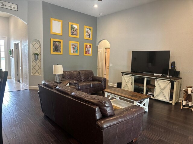 2875 Creeks Crossing Blvd, Lakeland, FL 33810 - living area with a high ceiling, arched walkways, baseboards, and wood finished floors