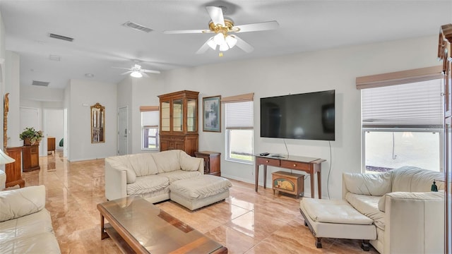 living room with ceiling fan