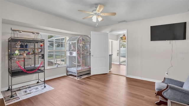 interior space featuring hardwood / wood-style floors and ceiling fan