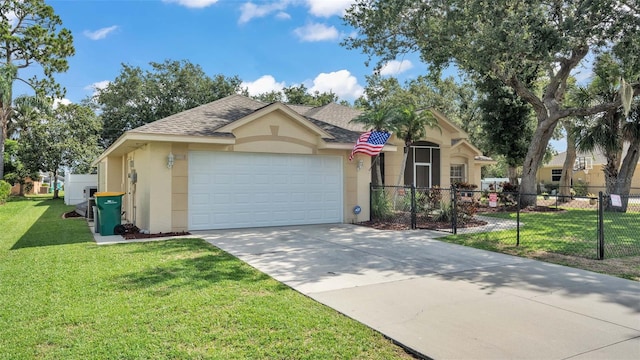 ranch-style house with a garage and a front lawn