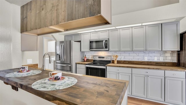 kitchen with stainless steel appliances, butcher block counters, gray cabinetry, and backsplash