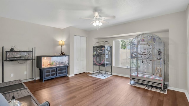 sitting room with ceiling fan and dark hardwood / wood-style flooring