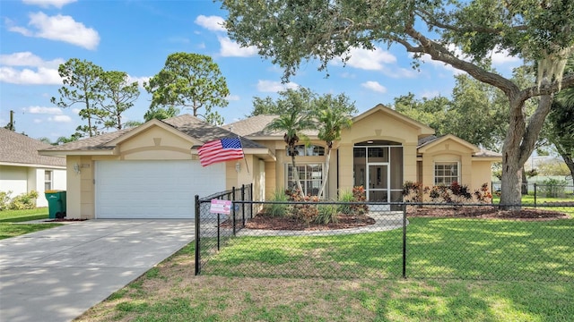 single story home with a garage and a front yard