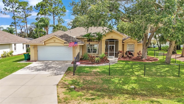 ranch-style home featuring a garage and a front lawn