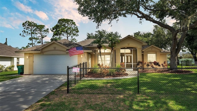 ranch-style house with a garage and a front yard