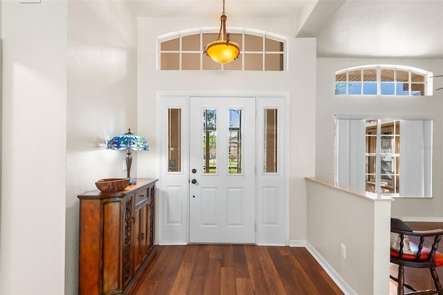 foyer with baseboards and dark wood-style flooring