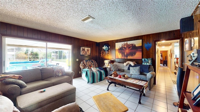 tiled living room with wooden walls