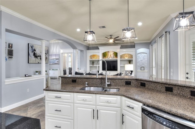 kitchen featuring white cabinetry, dishwasher, ceiling fan, sink, and crown molding