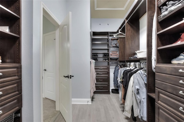 walk in closet with light hardwood / wood-style flooring