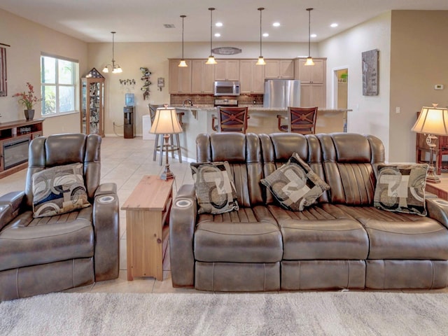 living room featuring light tile patterned floors