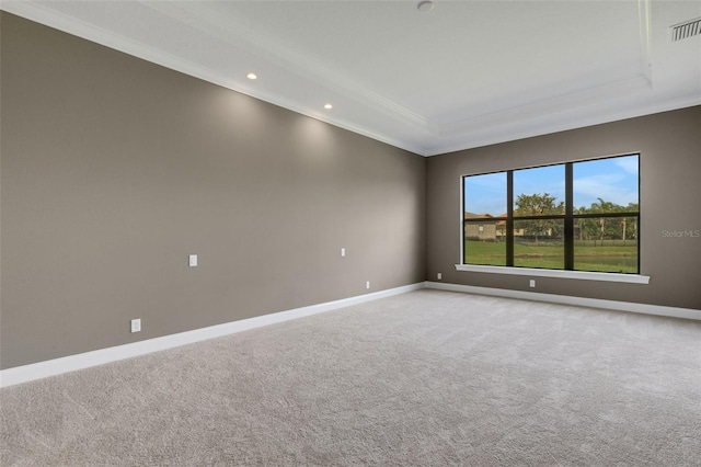 carpeted spare room featuring crown molding