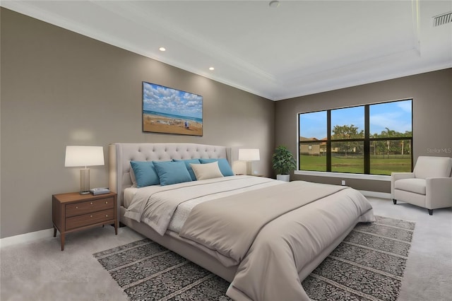 bedroom featuring carpet floors and ornamental molding