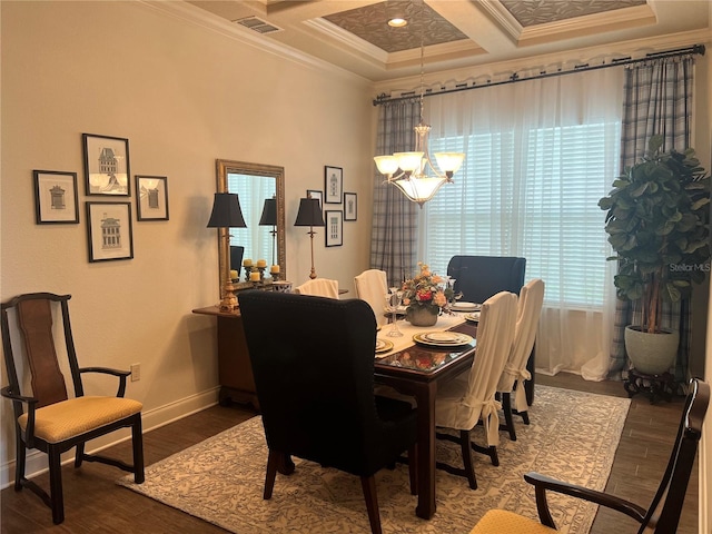 dining area featuring an inviting chandelier, dark wood-type flooring, coffered ceiling, and ornamental molding