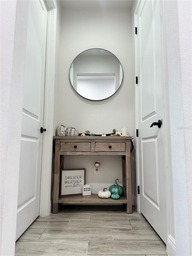 bathroom with wood-type flooring