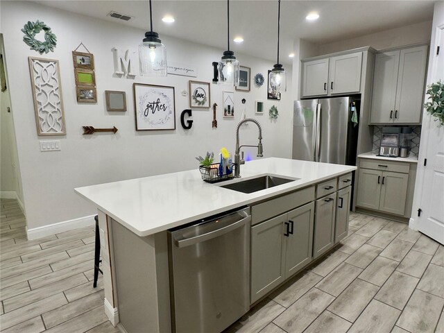 kitchen with backsplash, stainless steel appliances, sink, a center island with sink, and pendant lighting