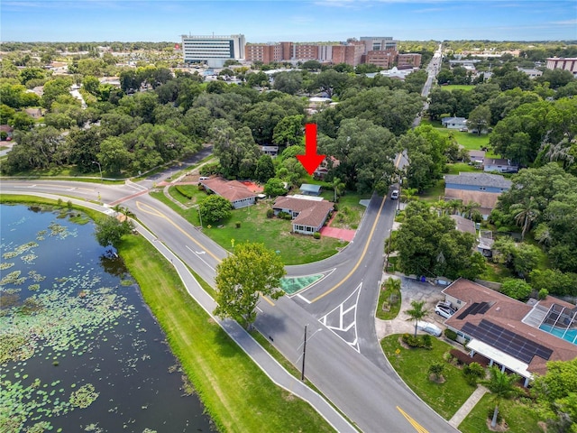 aerial view featuring a water view