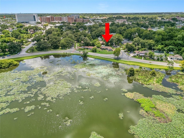 bird's eye view with a water view